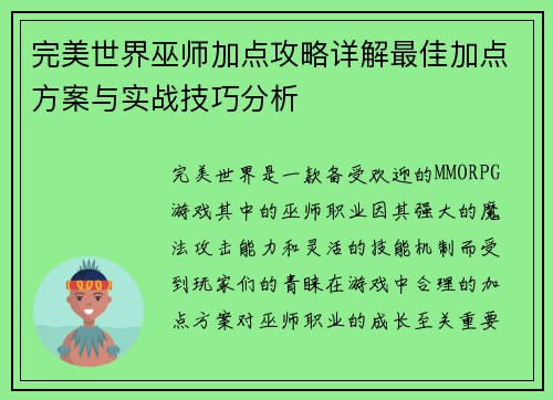 完美世界巫师加点攻略详解最佳加点方案与实战技巧分析